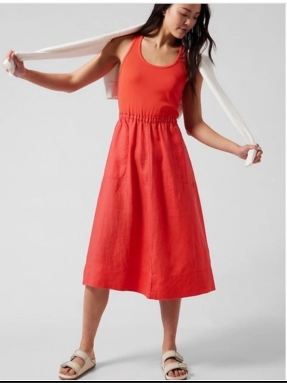 Athleta Baja Linen Midi Dress Passionfruit Coral